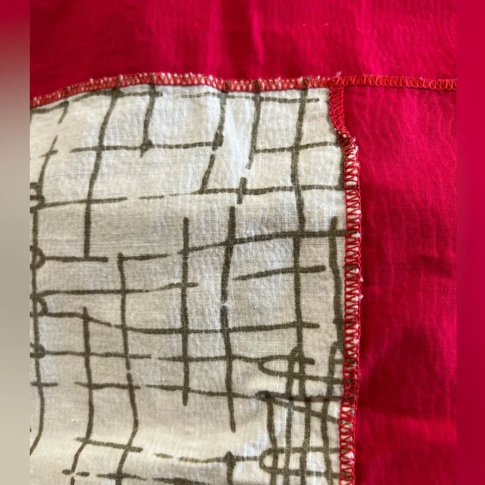Vintage Tablecloth red 9” edge with cream & soft faded metallic insert